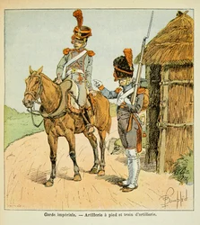 Ilustrace Bombardovaného Louise (1862-1927) z knihy „Památník svaté Heleny“ od hraběte Emmanuela de Las Cases (1766-1842): Císařská garda: Pěší dělostřelectvo a dělostřelecký vlak, soukromá sbírka