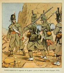 Ilustrace Bombardovaného Louise (1862-1927) z knihy „Památník svaté Heleny“ od hraběte Emmanuela de Las Cases (1766-1842): Angličtí vojáci 1. gardového pluku na silnici (Španělsko 1814), soukromá sbírka