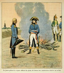 Ilustrace Bombardovaného Louise (1862-1927) z knihy „Památník svaté Heleny“ od hraběte Emmanuela de Las Cases (1766-1842): první setkání mezi Bonapartem a marechalem Henrim Gatienem Bertrandem (1773-1844), tehdejším důstojníkem džina v italské armádě