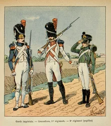 Ilustrace Bombardovaného Louise (1862-1927) z knihy „Památník svaté Heleny“ od hraběte Emmanuela de Las Cases (1766-1842): Garde Imperiale; Granátník 1. pluku; žáci 2. pluku, Soukromá sbírka