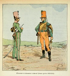 Ilustrace Bombardovaného Louise (1862-1927) z knihy „Památník svaté Heleny“ od hraběte Emmanuela de Las Cases (1766-1842): Armee Francaise: Zvěd a lovec mladé gardy 1813 - 1815, soukromá sbírka