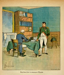 Ilustrace Bombardovaného Ludvíka (1862-1927) z knihy „Památník svaté Heleny“ od hraběte Emmanuela de Las Cases (1766-1842): Císař Napoleon v exilu diktuje své pomníky velkému marechalovi Henrimu Gatienu Bertrandu (1773-1844) ) na egyptském cou