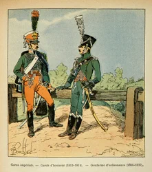 Ilustrace Bombardovaného Louise (1862-1927) z knihy „Památník svaté Heleny“ od hraběte Emmanuela de Las Cases (1766-1842): The Imperial Guard: Guard of Honor (1813-1814) a Constable of Ordinance (1806 - 1807), Soukromá sbírka