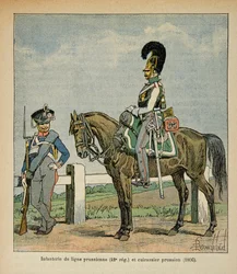 Ilustrace Bombardovaného Louise (1862-1927) z knihy „Památník svaté Heleny“ od hraběte Emmanuela de Las Cases (1766-1842): Pěchota pruské linie (42, eme regiment) a pruské bitevní lodě