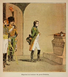 Ilustrace Bombardovaného Ludvíka (1862-1927) z knihy „Památník sv. Heleny“ od hraběte Emmanuela de Las Cases (1766-1842): Napoleon meditující nad rakví Fridricha II. Pruského v kryptě GarnisonKirche v Postupimi v 1806, Soukromá sbírka