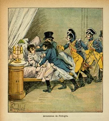 Ilustrace Bombled Louis (1862-1927) z knihy "The memorial se Sainte Helene" od hraběte Emmanuela de Las Cases (1766-1842): Zatčení Jeana Charlese Pichegrua (1761-1804) 28. února 1804, soukromá sbírka