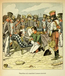 Ilustrace Bombardovaného Ludvíka (1862-1927) z knihy „The memorial se Sainte Helene“ od hraběte Emmanuela de Las Cases (1766-1842): Smrt Marechala Jeana Lannese (1769-1809), Císař Napoleon má své Cotes, vojín Sbírka