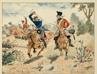 Ilustrace převzatá z knihy „The Heros of the Siecle“, anekdotické recitace Dicka de Lonlay a ilustrované Louisem Bombledem (1862-1927)
