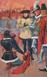 Johanka z Arku poznává Karla VII v Chinonu, z „Dějiny Francie“ od Julese Micheleta, kolem roku 1900 (barevné lito)