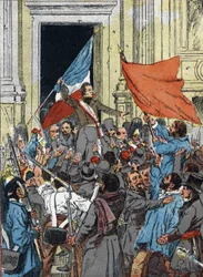 Vyhlášení druhé republiky, revoluce z roku 1848: Alphonse de Lamartine (1790-1869), který odmítl rudou vlajku jako znak republiky a dal jí přednost vlajce trikolóry, během projevu na radnici v Paříži, 25.