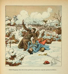 Armee of the Loire od Eugena seržanta, dit Grenest, ilustroval Louis Bombled (1862-1927) (francouzsko-německá válka; kampaň 1870-1871): Abbe Fouqueray, bratr papežského Zouave, je zabit na těle kapitána Bellevue, Soukromá sbírka