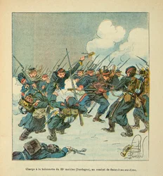 Armee of the Loire od Eugena seržanta, známého jako Grenest, ilustrovaná Louisem Bombledem (1862-1927) (francouzsko-německá válka; kampaň 1870-1871): útok na bajonetu 22. mobilu (Dordogne) v bitvě u Saint Jean sur Evre v lednu 1871, P