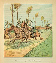 Armee of the Loire Eugene Sergent, známý jako Grenest, ilustrovaný Louisem Bombledem (1862-1927) (francouzsko-německá válka; kampaň 1870-1871): Pruské kyrysníky pronásledované freikisty v říjnu 1870, soukromá sbírka