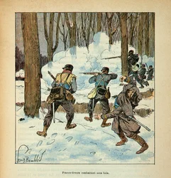 Armee of the Loire od Eugena Sergenta, známého jako Grenest, ilustrované Louisem Bombledem (1862-1927) (francouzsko-německá válka; kampaň 1870-1871): střelci z franků Francouzská stíhačka pod dřevem, soukromá sbírka
