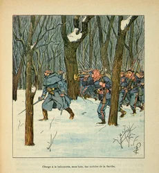 Armee of the Loire od Eugena Sergenta, známého jako Grenest, ilustrované Louisem Bombledem (1862-1927) (francouzsko-německá válka; kampaň 1870-1871): Bitva u Le Mans v lednu 1871, načítání mobilních telefonů Sarthe , Soukromá sbírka