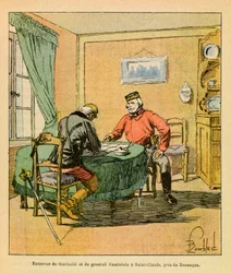 Východní armáda Eugena seržanta, dit Grenest, ilustrovaná Louisem Bombledem (1862-1927) (francouzsko-německá válka; kampaň 1870-1871): Rozhovor Garibaldiho a generála Cambrielse v Saint Claude u Besanconu v říjnu 1870, soukromá sbírka