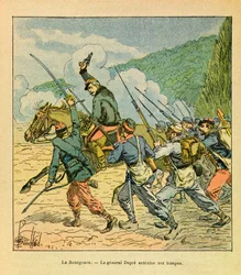 Východní Armee seržanta Eugena, dit Grenest, ilustrovaný Louisem Bombledem (1862-1927) (francouzsko-německá válka; kampaň 1870-1871): Generál Dupre má hlavu svých mužů v bitvě u La Bourgonce v říjnu 1870, Soukromá sbírka