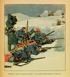 Východní armáda seržanta Eugena, dit Grenest, ilustrovaná Louisem Bombledem (1862-1927) (francouzsko-německá válka; tažení 1870-1871): Hericourt, roh bojiště; 4. Zouave před Chagey 15. ledna