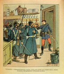Východní armáda seržanta Eugena, dit Grenest, ilustrovaná Louisem Bombledem (1862-1927) (francouzsko-německá válka; kampaň 1870-1871): V Contrexeville neohrožený poručík Coumes poté, co vyšplhal do společného domu, zajal 16 pruských zajatců v