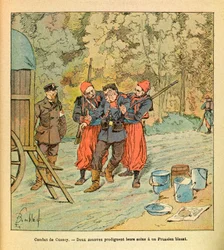 Východní armáda Eugena seržanta, dit Grenest, ilustrovaná Louisem Bombledem (1862-1927) (francouzsko-německá válka; kampaň 1870-1871): Bitva u Cussey, říjen 1870, dva Zouaveové poskytují péči zraněnému Prusovi, Částečná sbírka