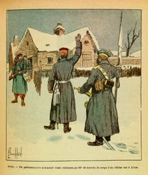 Východní armáda seržanta Eugena, dit Grenest, ilustrovaná Louisem Bombledem (1862–1927) (francouzsko-německá válka; kampaň 1870–1871): leden 1871 – Arcey, německý poslanec přichází, aby 60. března znovu získal tělo důstojníka zabil v Aibre