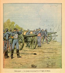 Východní Armee seržanta Eugena, dit Grenest, ilustrovaný Louisem Bombledem (1862-1927) (francouzsko-německá válka; kampaň 1870-1871): Před Chateauneufem, Armstrongovi kanovníci První legie Rhone v prosinci 1870 , Soukromá sbírka