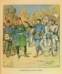 Východní Armee seržanta Eugena, dit Grenest, ilustrovaný Louisem Bombledem (1862-1927) (francouzsko-německá válka; kampaň 1870-1871): Ve Franche Comte zajal kapitán Huot Freiciners majora von Kelkena během Razeovy ruky. 30. října 1870, Pr