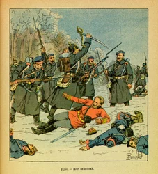 Východní Armee seržanta Eugena, dit Grenest, ilustrovaný Louisem Bombledem (1862-1927) (francouzsko-německá válka; kampaň 1870-1871): Smrt generála Bossak-Hauke na místě známém jako „La Cap“