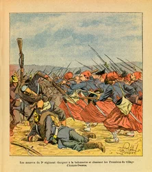 The Eastern Armee of Eugene Sergeant, dit Grenest, ilustroval Louis Bombled (1862-1927) (francouzsko-německá válka; tažení v letech 1870-1871): Zouavové 3. pluku útočí na baionetu a vyhánějí Prusy z vesnice Auxon-Dessus během války s Německem.