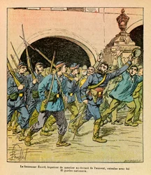 Východní Armee seržanta Eugena, dit Grenest, ilustrovaný Louisem Bombledem (1862-1927) (francouzsko-německá válka; kampaň 1870-1871): Během bojů u Epinalu v říjnu 1870 poručík Enard dychtivě kráčel před nepřítelem vedl s ním Nati