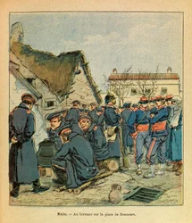 Východní armáda seržanta Eugena, známá jako Grenest, ilustrovaná Louisem Bombledem (1862-1927) (francouzsko-německá válka; kampaň 1870-1871): Bitva noci Saint Georges, německý bivak na Place de Boncourt s francouzskými vězni, Soukromá sbírka