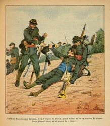 Východní armáda Eugena Sergeanta, známá jako Grenest, ilustrovaná Louisem Bombledem (1862-1927) (francouzsko-německá válka; tažení v letech 1870-1871): Bitva u Nuits Saint Georges, oděvní důstojník Deloupy z 2. legie na Rhóně bere pušku a