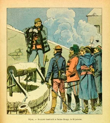 Východní Armee Eugena seržanta, známý jako Grenest, ilustrovaný Louisem Bombledem (1862-1927) (francouzsko-německá válka; kampaň 1870-1871): Dijon, Ricciotti Garibaldi v továrně Bargy 23. ledna
