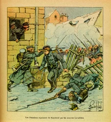 Východní Armee seržanta Eugena, známá jako Grenest, ilustrovaná Louisem Bombledem (1862-1927) (francouzsko-německá válka; kampaň 1870-1871): Leden 1871, Prusové zatlačeni z vesnice Bondeval u Zouaves Lavalliere, Soukromá sbírka