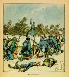 Východní Armee of Eugene Sergeant, známý jako Grenest, ilustrovaný Louisem Bombledem (1862-1927) (francouzsko-německá válka; kampaň 1870-1871): leden 1871, Hericourt, Francouzi proti Prusům, soukromá sbírka