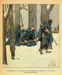 Východní Armee seržanta Eugena, známá jako Grenest, ilustrovaná Louisem Bombledem (1862-1927) (francouzsko-německá válka; kampaň 1870-1871): Leden 1871, oddíl Viette Company byl přepaden poblíž Herimoncourt, na průchodu německé kolony
