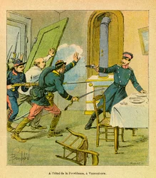 Východní Armee of Eugene Sergeant, známý jako Grenest, ilustrovaný Louisem Bombledem (1862-1927) (francouzsko-německá válka; kampaň 1870-1871): Pruský důstojník zajatý francouzskými motivy ve Vaucouleurs, Soukromá sbírka