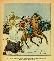 Východní armáda Eugèna Sergeanta, známého jako Grenest, ilustrovaná Louisem Bombledem (1862-1927) (francouzsko-německá válka; tažení 1870-1871): leden 1871, černý jezdec ve službách plukovníka De Vezeta doráží zraněného pruského důstojníka, Sbírka Pa