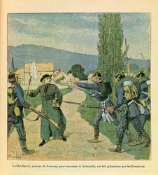 Východní Armee seržanta Eugena, známý jako Grenest, ilustrovaný Louisem Bombledem (1862-1927) (francouzsko-německá válka; kampaň 1870-1871): Abbe Barret opouštějící Devecey, aby se připojil k Francouzům, byl během bojů zajat Prusy v Cussey in