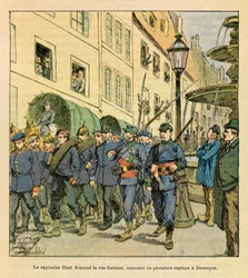 Východní Armee seržanta Eugena, známá jako Grenest, ilustrovaná Louisem Bombledem (1862-1927) (francouzsko-německá válka; kampaň 1870-1871): Kapitán Huot sestupuje z Rue Battant v Besanconu s pruskými vězni zajatými v Bethoncourt les Brotte v říjnu