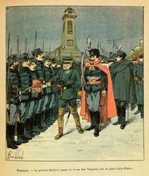 The Eastern Armee of Eugene Sergeant, známý jako Grenest, ilustrovaný Louisem Bombledem (1862-1927) (francouzsko-německá válka; kampaň 1870-1871): V Besanconu generál Rolland hodnotí společnost „Avengers“ pověřenou Malickim, Private Collection