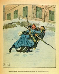 Východní armáda Eugena seržanta, známá jako Grenest, ilustrovaná Louisem Bombledem (1862-1927) (francouzsko-německá válka; kampaň 1870-1871): V Dombrot Le Sec turecký Mohammed pobodal německého strážce, Soukromá sbírka