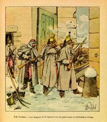 Východní armáda Eugena Sergeanta, známá jako Grenest, ilustrovaná Louisem Bombledem (1862-1927) (francouzsko-německá válka; tažení v letech 1870-1871): Ve vesnici Les Plches brání vesnici dragouni 6. pluku, Sbírka Částečně