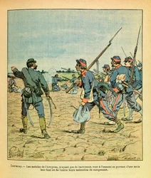 Východní Armee of Eugene Sergeant, známý jako Grenest, ilustrovaný Louisem Bombledem (1862-1927) (francouzsko-německá válka; kampaň 1870-1871): Bitva u Lantenay v listopadu 1870, mobilní telefony Aveyron bez havresaců jdou k nepříteli nesoucí jejich ri
