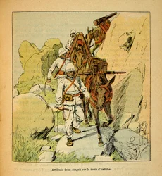 Válka na Madagaskaru - neoficiální historie francouzských expedic 1885-1895 od Henri Galli dit Galllichet (1854-1922), ilustrované Louisem Bombledem (1862-1927): Horské dělostřelectvo na Andribské cestě na Madagaskar v roce 1895, Soukromá sbírka