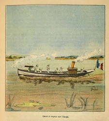 Válka na Madagaskaru - neoficiální historie francouzských expedic 1885-1895 od Henri Galli dit Galllichet (1854-1922), ilustrované Louisem Bombledem (1862-1927): Francouzská Canonniere na řece Ikopa na Madagaskaru v roce 1895, soukromá sbírka