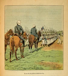 Válka na Madagaskaru – neoficiální historie francouzských expedic 1885-1895 od Henri Galli dit Galllichet (1854-1922), ilustrované Louisem Bombledem (1862-1927): Revue des troupes 14. července