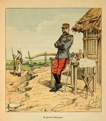 Válka na Madagaskaru - neoficiální historie francouzských expedic 1885-1895 od Henri Galli dit Galllichet (1854-1922), ilustrované Louisem Bombledem (1862-1927): Portrét generála Metzingera na Madagaskaru v roce 1895, soukromá sbírka