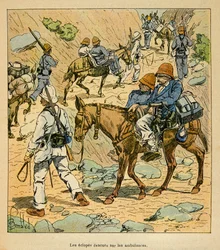 Válka na Madagaskaru – neoficiální historie francouzských expedic z let 1885-1895 od Henri Galli dit Galllichet (1854-1922), ilustrované Louisem Bombledem (1862-1927): Útěky paže na sanitkách Fortune na Madagaskaru, soukromá sbírka