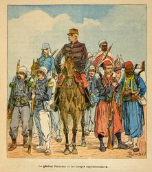 Válka na Madagaskaru - neoficiální historie francouzských expedic 1885-1895 od Henri Galli dit Galllichet (1854-1922), ilustrované Louisem Bombledem (1862-1927): Generál Duchesne s expedičními vojsky Madagaskaru, soukromá sbírka